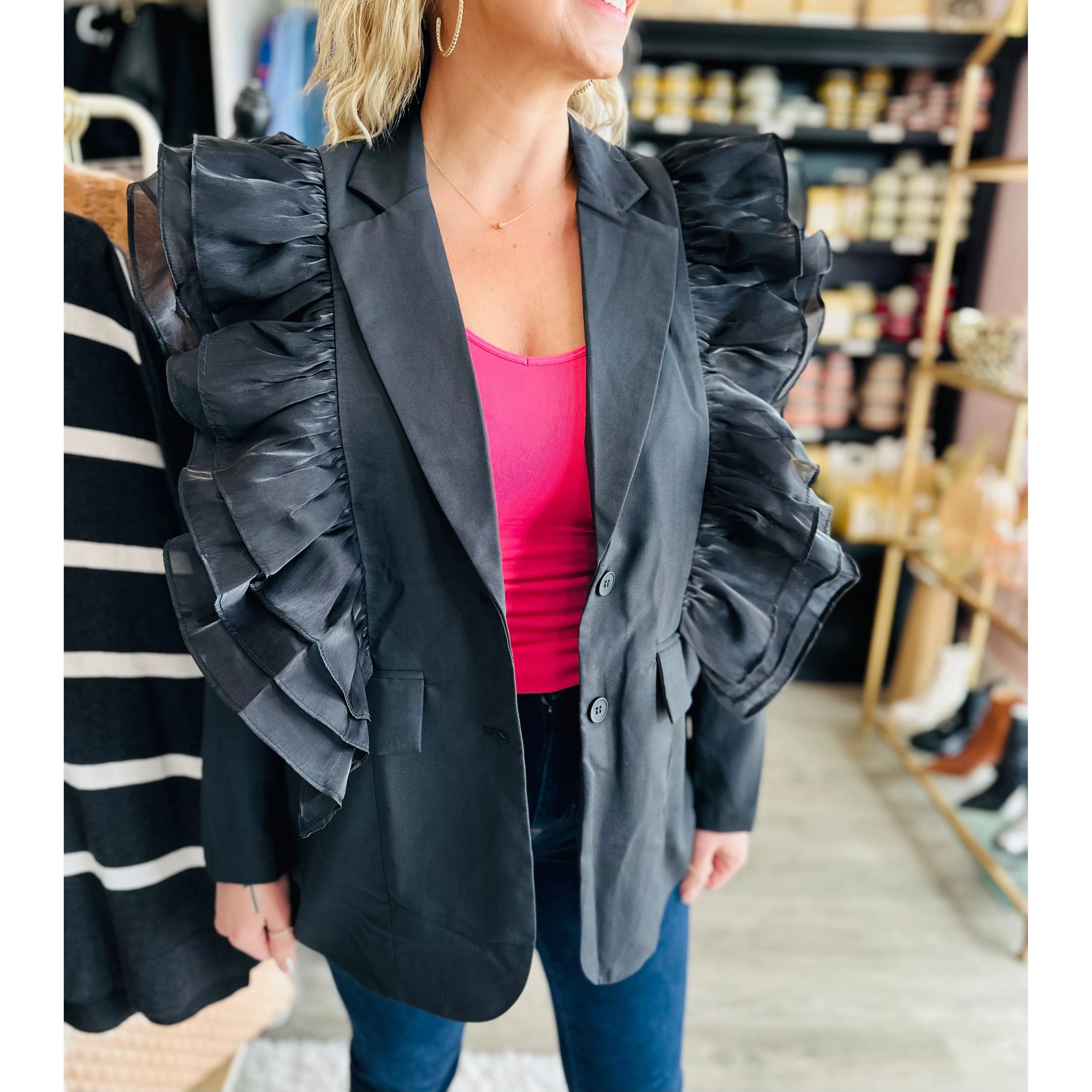 Black ruffle blazer best sale