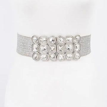 Multi Stone Silver Metallic Straw Stretch Belt