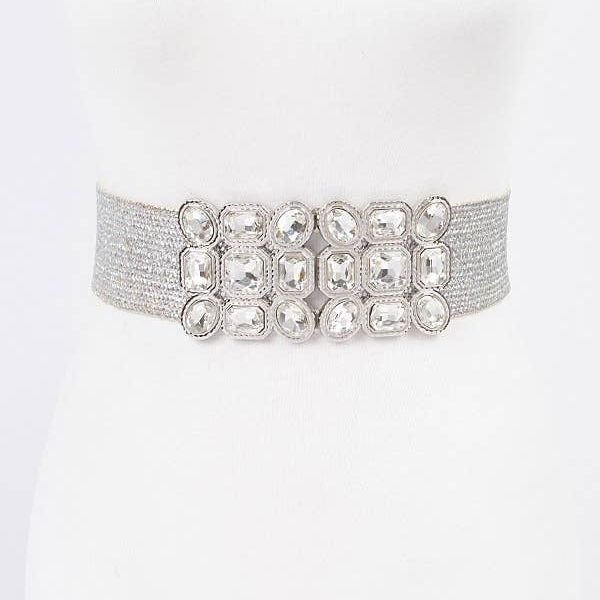 Multi Stone Metallic Silver Straw Stretch PLUS Belt