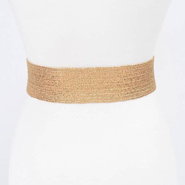 Multi Stone Metallic Gold Straw Stretch Belt
