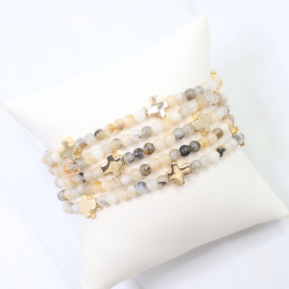 Flint Beaded Cross Stretch Bracelet Set (Natural)