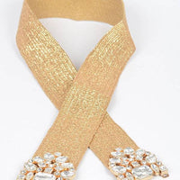 Multi Stone Metallic Gold Straw Stretch Belt