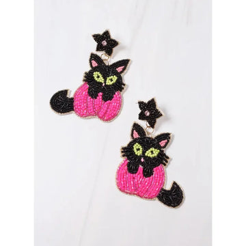 Bewitched Cat and Pumpkin Earring HOT PINK