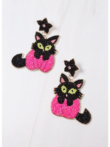 Bewitched Cat and Pumpkin Earring HOT PINK