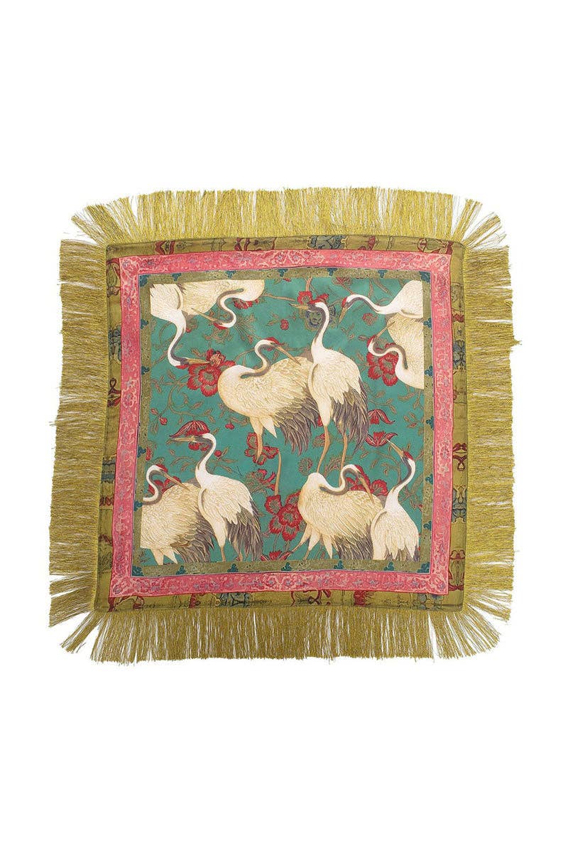 Crane Print Fringe Scarf