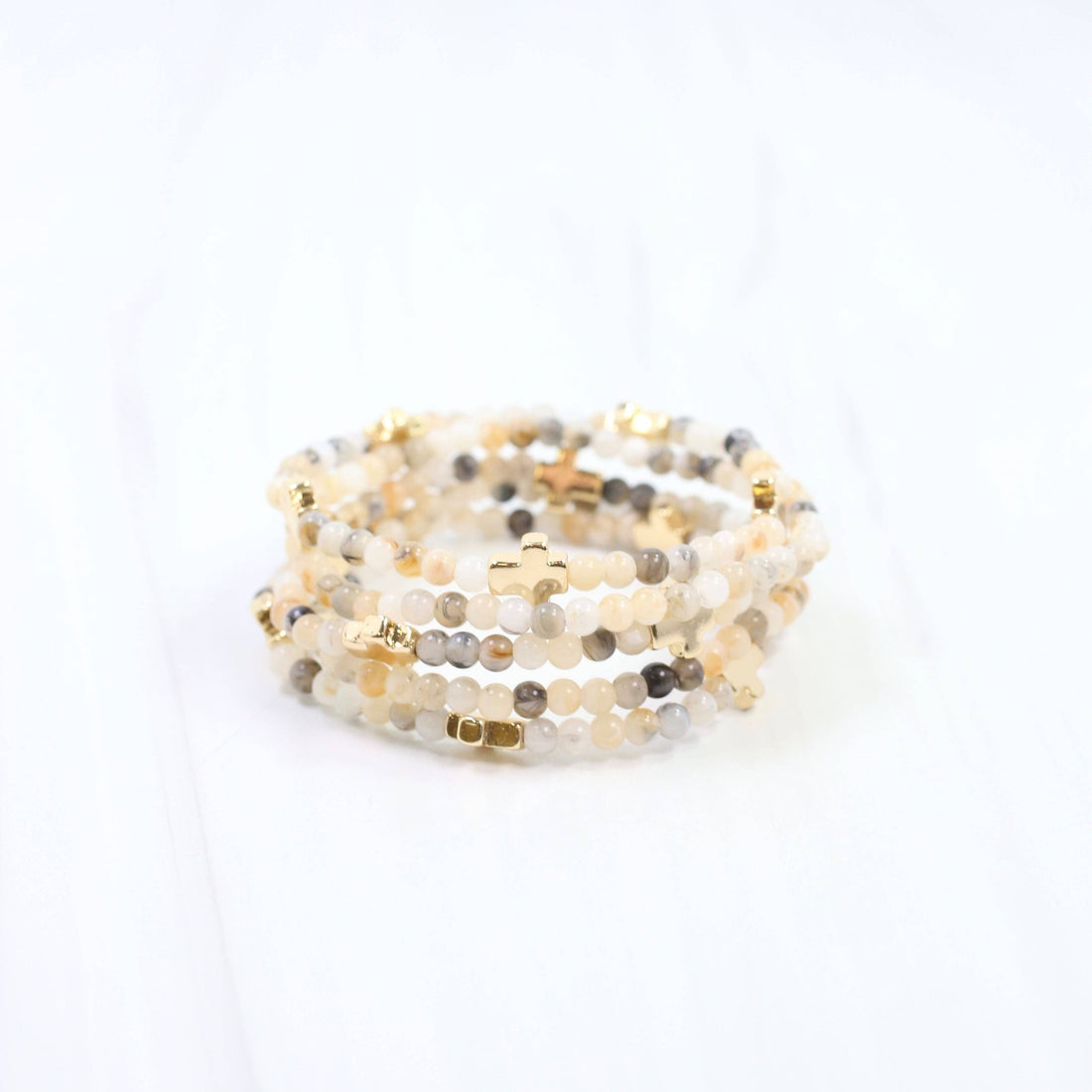 Flint Beaded Cross Stretch Bracelet Set (Natural)