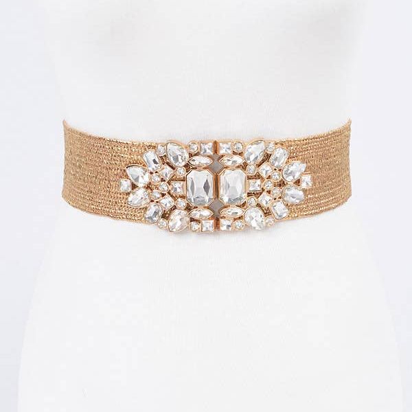 Multi Stone Metallic Gold Straw Stretch Belt