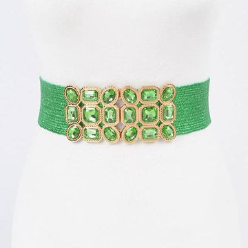Multi Stone Green Metallic Straw Stretch Belt