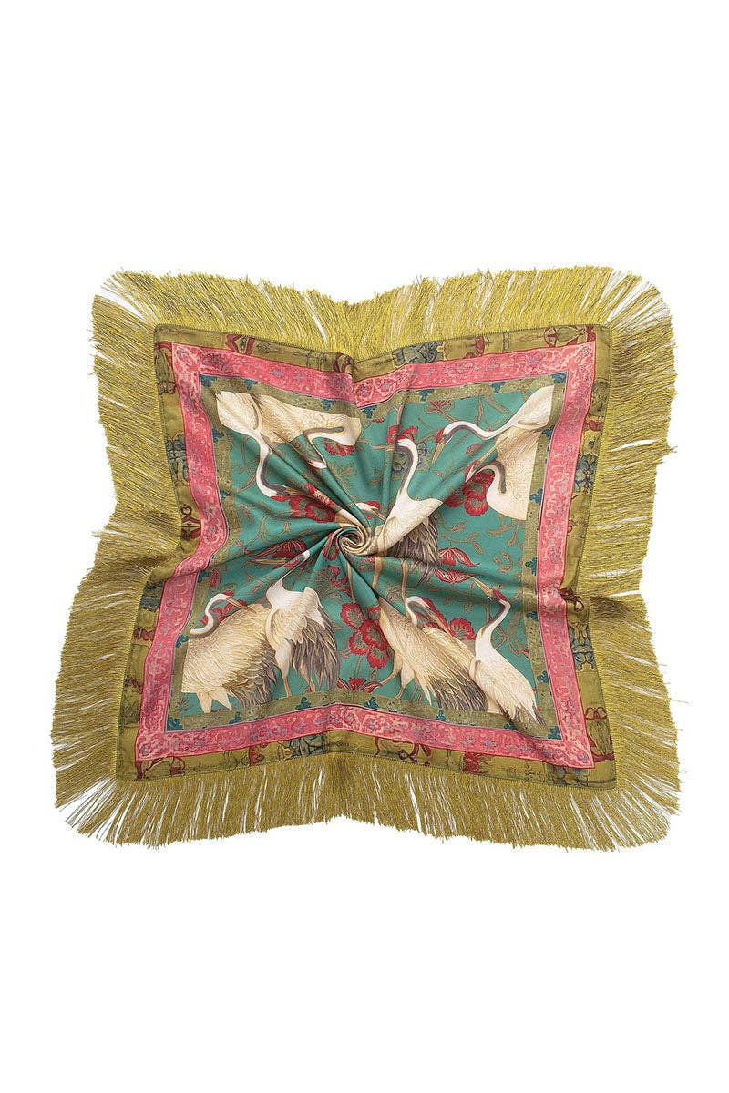 Crane Print Fringe Scarf