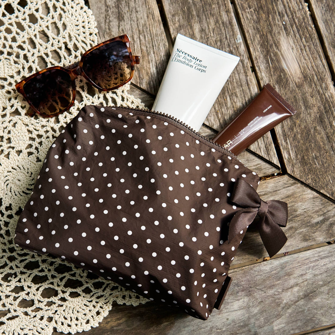 Espresso Polka Dot Bow Crinkle Makeup Bag
