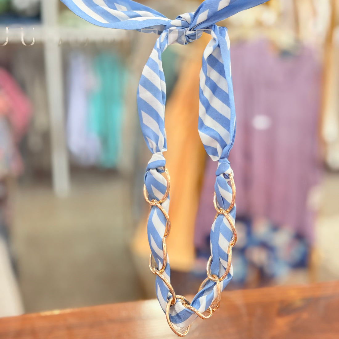 Gold Link Scarf Necklace (Blue)