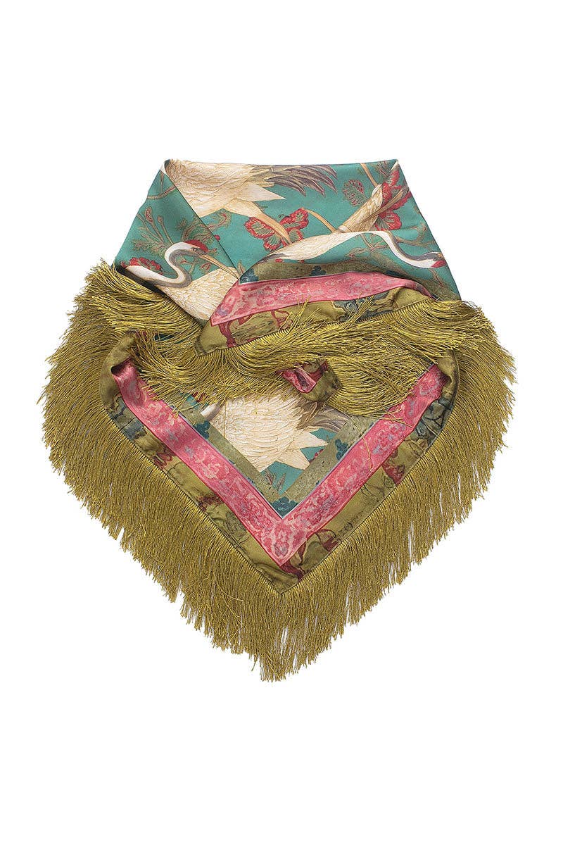 Crane Print Fringe Scarf