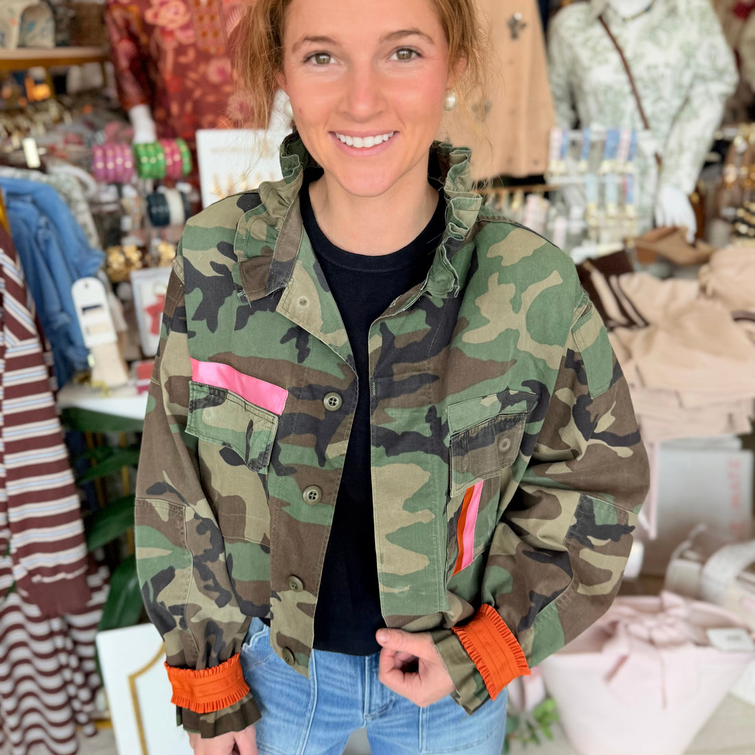 Ruffle Collar Camo Jacket
