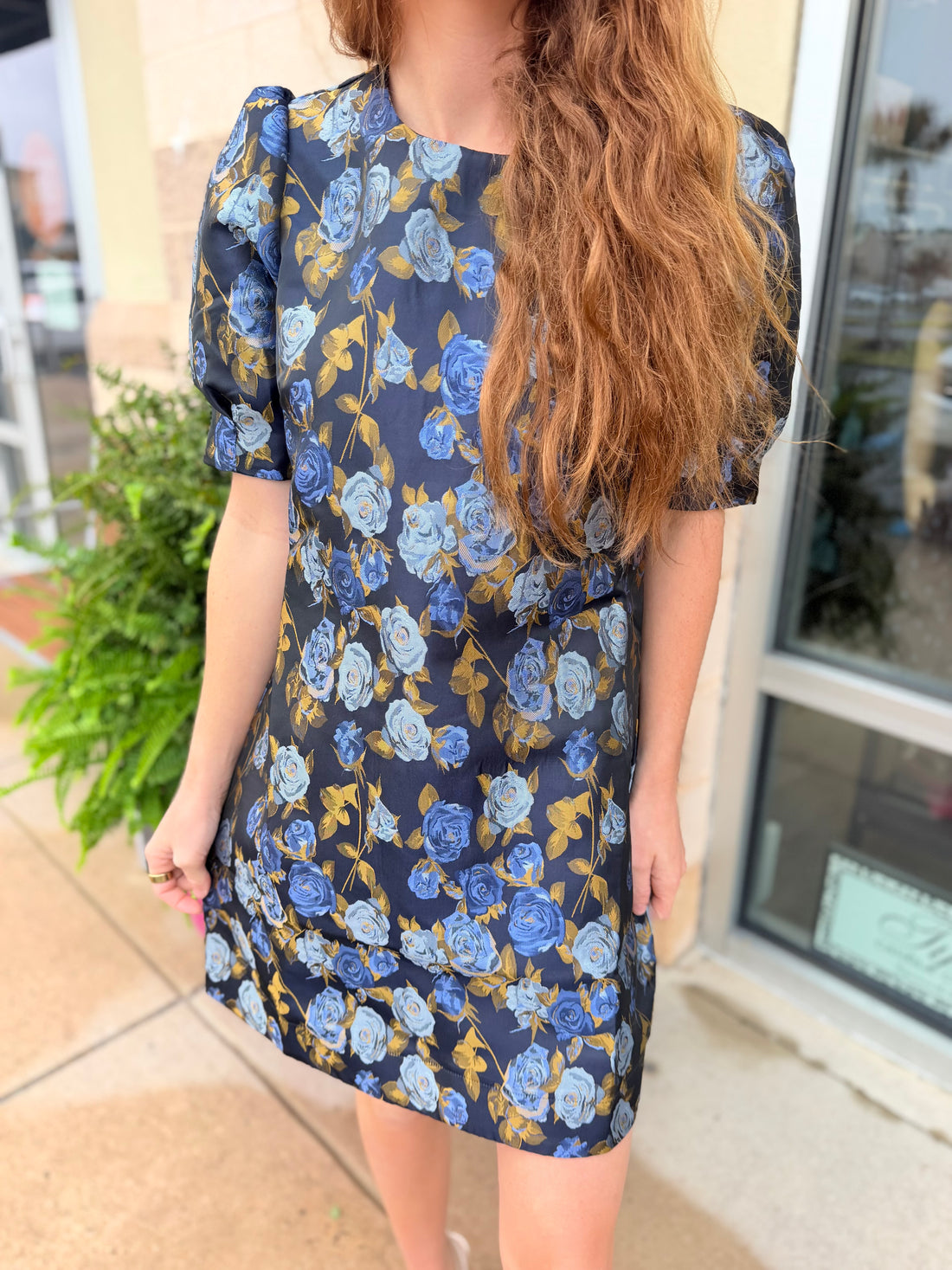 Thea Navy Brocade Dress